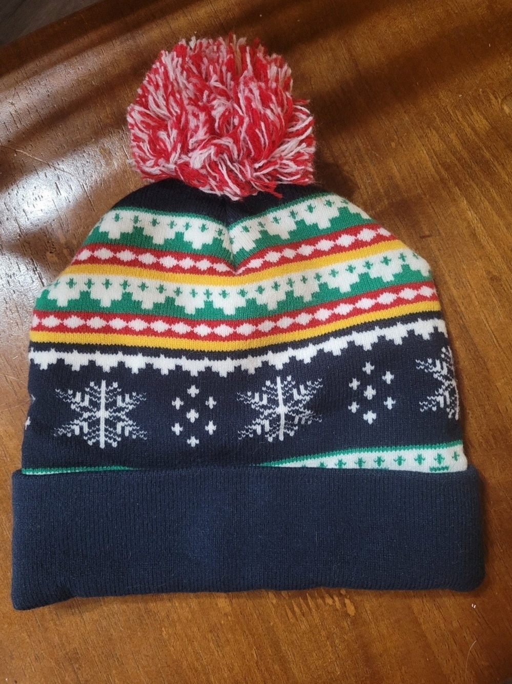 Children's Navy Winter Beanie with Red Pom and Festive Pattern